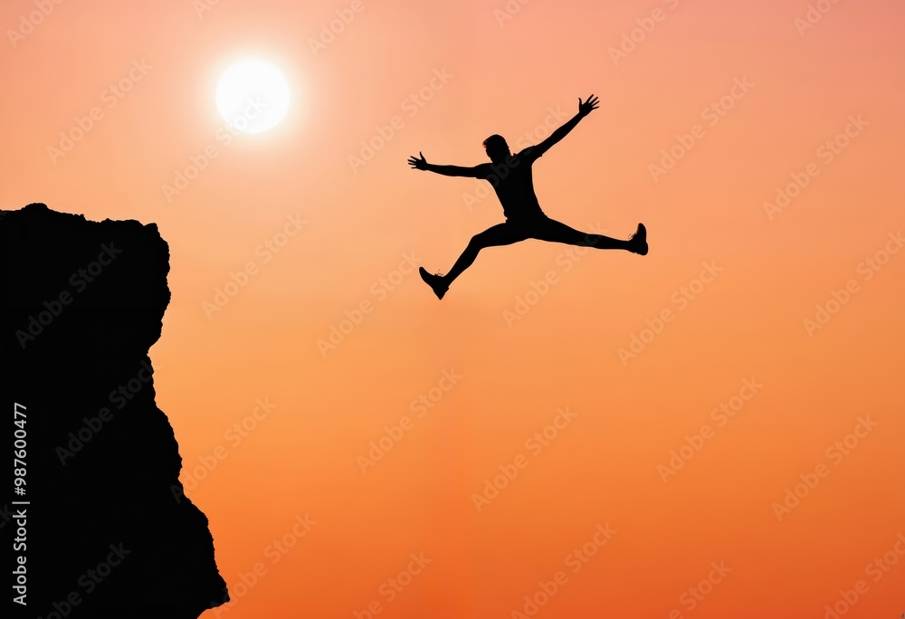 A person in mid-air, silhouetted against a vibrant orange sky, jumps off a cliff with arms outstretched, creating a sense of freedom and joy amidst the natural beauty A person in mid-air, silhouetted against a vibrant orange sky, jumps off a cliff with arms outstretched, creating a sense of freedom and joy amidst the natural beauty