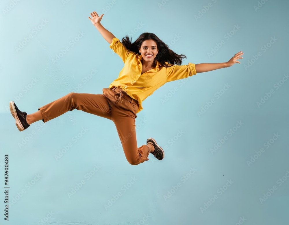 Obraz premium Happy Woman Jumping with Energy Against a Blue Background