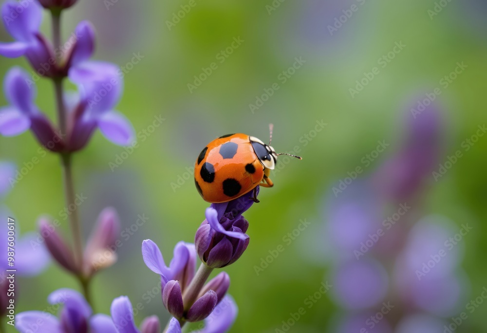 A ladybug with black and orange spots, perched on a purple flower, faces right in a serene garden scene, surrounded by other purple flowers and green leaves A ladybug with black and orange spots, perched on a purple flower, faces right in a serene garden scene, surrounded by other purple flowers and green leaves