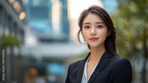 Portrait of a beautiful Asian woman in suit outdoors with a blurry business center in backdrop. with copy space