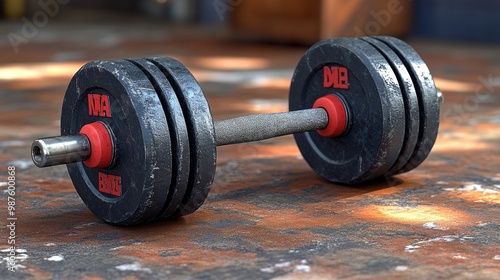 A heavy black dumbbell resting on a rusty surface, ideal for fitness and strength training themes in your project. photo