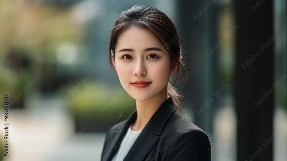 Fototapeta premium Portrait of a beautiful Asian woman in suit outdoors with a blurry business center in backdrop. with copy space