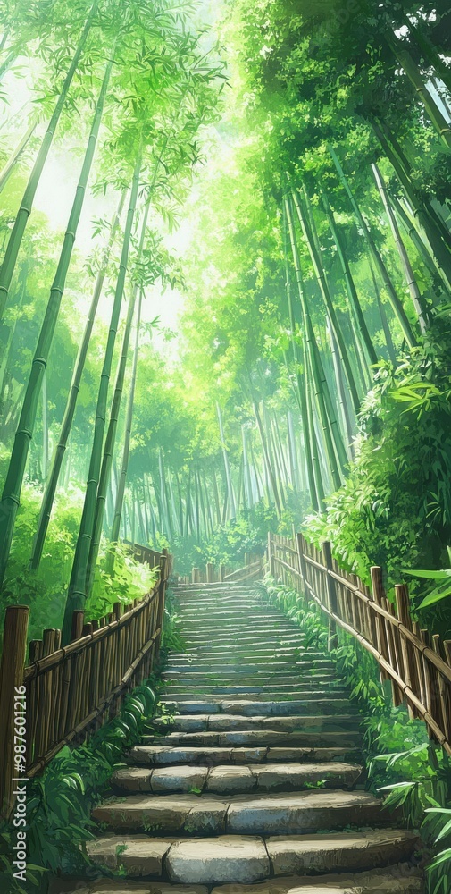 Serene bamboo forest with a stone path leading through lush greenery on a sunlit day Serene bamboo forest with a stone path leading through lush greenery on a sunlit day