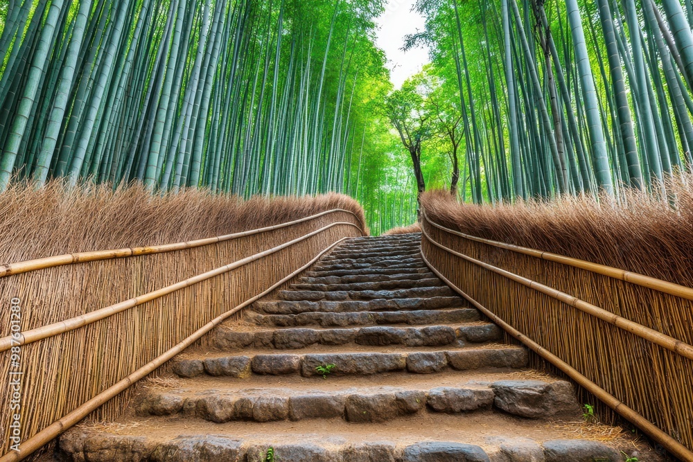 Fototapeta premium Serene stone path through a lush bamboo forest with towering bamboo trees under a canopy of vibrant green leaves in a tranquil, natural setting.