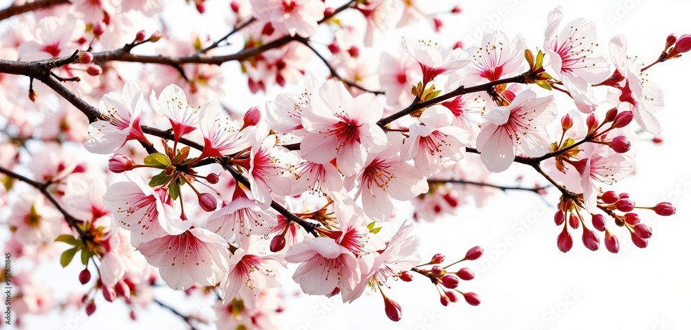 A tree branch adorned with pink and white cherry blossoms, with some buds fully open and others partially closed, is set against a light blue sky, creating a serene and picturesque scene A tree branch adorned with pink and white cherry blossoms, with some buds fully open and others partially closed, is set against a light blue sky, creating a serene and picturesque scene