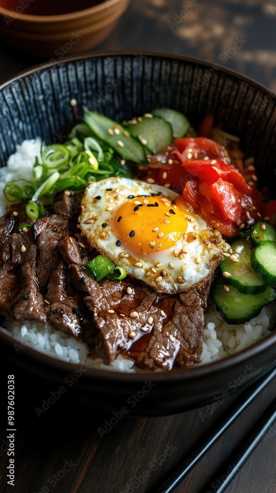 A delicious bowl of rice topped with tender beef, fresh vegetables, and a perfectly cooked egg, showcasing vibrant colors and flavors. A delicious bowl of rice topped with tender beef, fresh vegetables, and a perfectly cooked egg, showcasing vibrant colors and flavors.