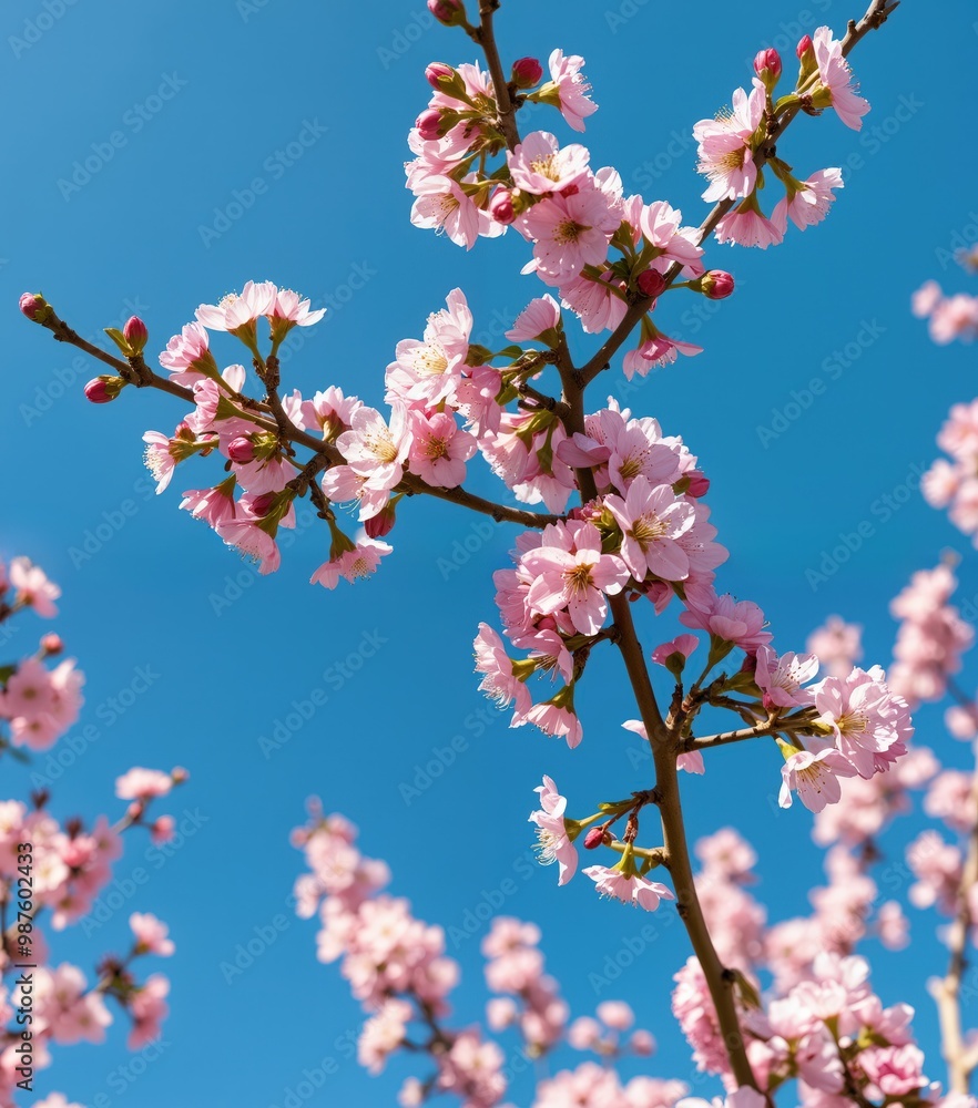 A close-up image of a cherry blossom tree in full bloom against a clear blue sky, with vibrant pink flowers in full bloom and green leaves