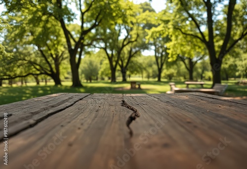 A wooden table in a park features a large crack, surrounded by lush green trees and a distant picnic table, creating a serene and inviting atmosphere