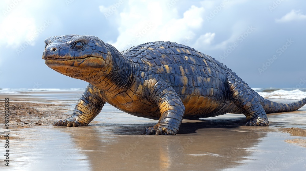 Obraz premium A realistic depiction of a prehistoric turtle on a sandy beach with ocean waves in the background, showcasing its unique features.