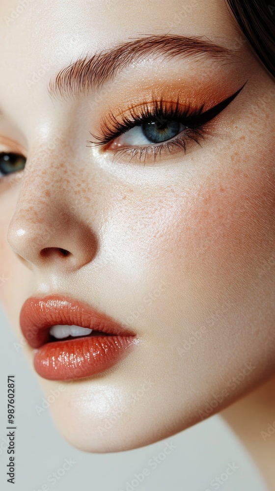 Close-up portrait showcasing vibrant eye makeup and natural beauty with striking features and fresh skin tone. Close-up portrait showcasing vibrant eye makeup and natural beauty with striking features and fresh skin tone.