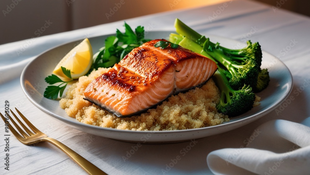 Nutrient-dense meal with grilled salmon, quinoa, and steamed broccoli, prepared to support heart and brain health Nutrient-dense meal with grilled salmon, quinoa, and steamed broccoli, prepared to support heart and brain health
