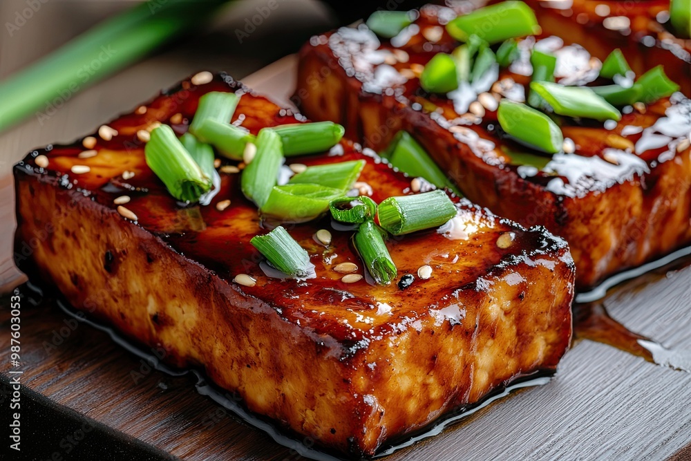 Delicious glazed tofu topped with green onion and sesame seeds, perfect for a healthy meal or vibrant food photography. Delicious glazed tofu topped with green onion and sesame seeds, perfect for a healthy meal or vibrant food photography.