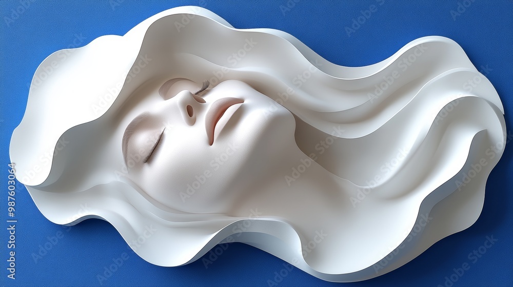 A sculptural white face design with flowing hair against a blue background, showcasing modern art and creativity. A sculptural white face design with flowing hair against a blue background, showcasing modern art and creativity.