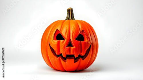 A Carved Pumpkin With a Mischievous Grin Sits Against a Neutral Backdrop for Halloween Festivities