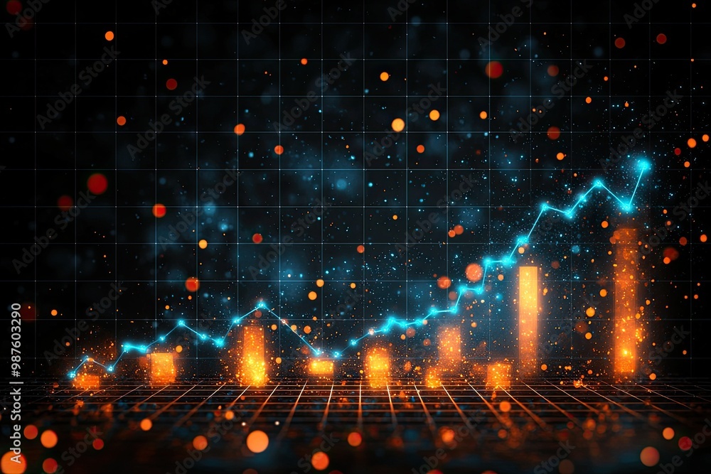 Fototapeta premium Dynamic financial growth graphic illustrating upward trends with vibrant colors and glowing elements on a dark background.