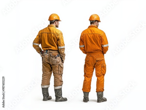 Two Construction Workers Back to Back in Yellow Hard Hats and Workwear