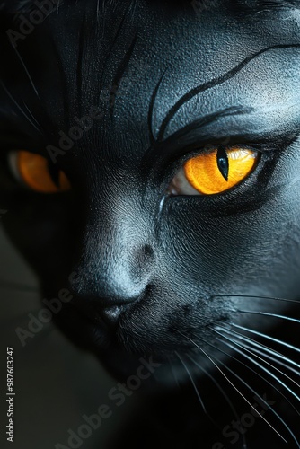 A striking close-up of a black cat's face with glowing amber eyes, capturing intense detail and the feline's mysterious allure, Suitable for pet-themed projects, Halloween promotions photo