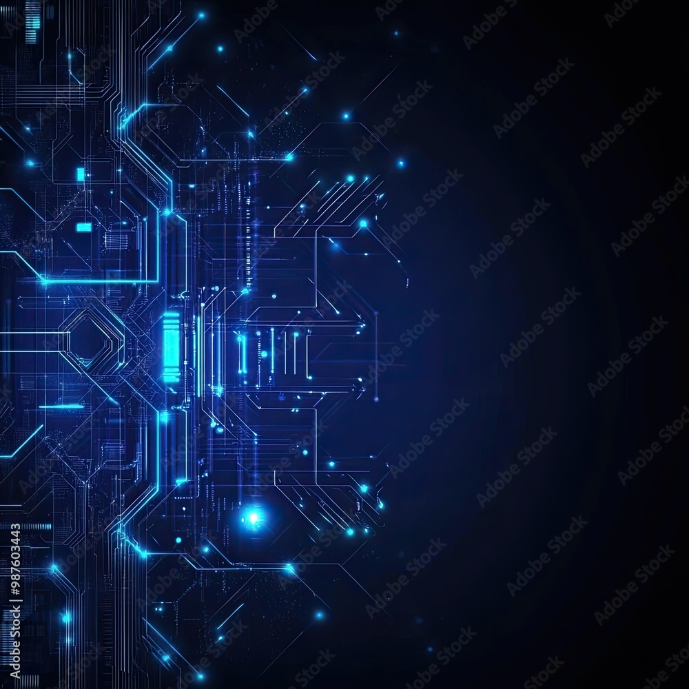 Futuristic digital design with glowing blue lines and circuit patterns on a dark background, representing technology and innovation. Futuristic digital design with glowing blue lines and circuit patterns on a dark background, representing technology and innovation.