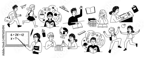 Black And White Doodle Art Depicting Students And School Activities. Characters Engaging In Learning Activities