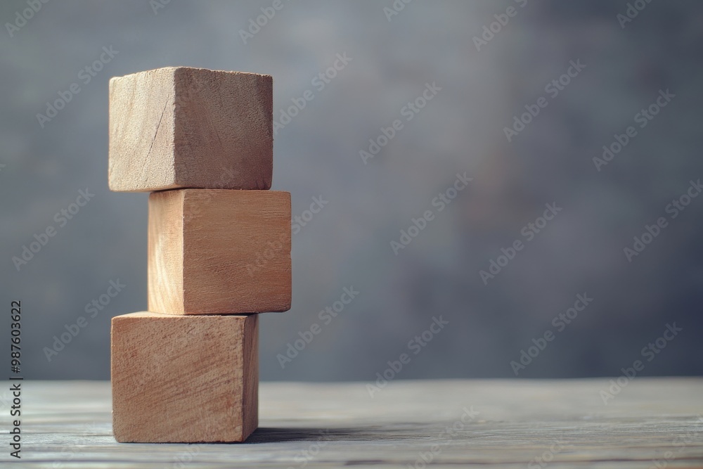 Onboarding success badge. Concept of onboarding with wooden blocks. Eye-catching gray background. Business achievement in onboarding. Area for written content Onboarding success badge. Concept of onboarding with wooden blocks. Eye-catching gray background. Business achievement in onboarding. Area for written content