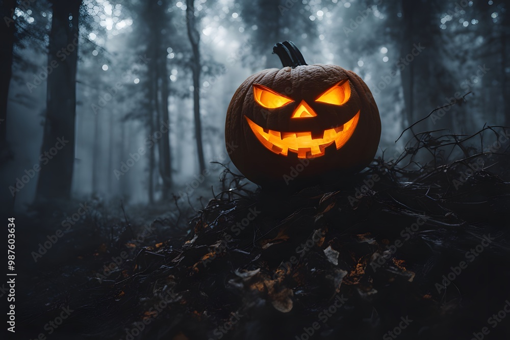 A sinister jack o lantern glowing with an ominous light surrounded by swirling fog in a dark forest, Ai Generated A sinister jack o lantern glowing with an ominous light surrounded by swirling fog in a dark forest, Ai Generated