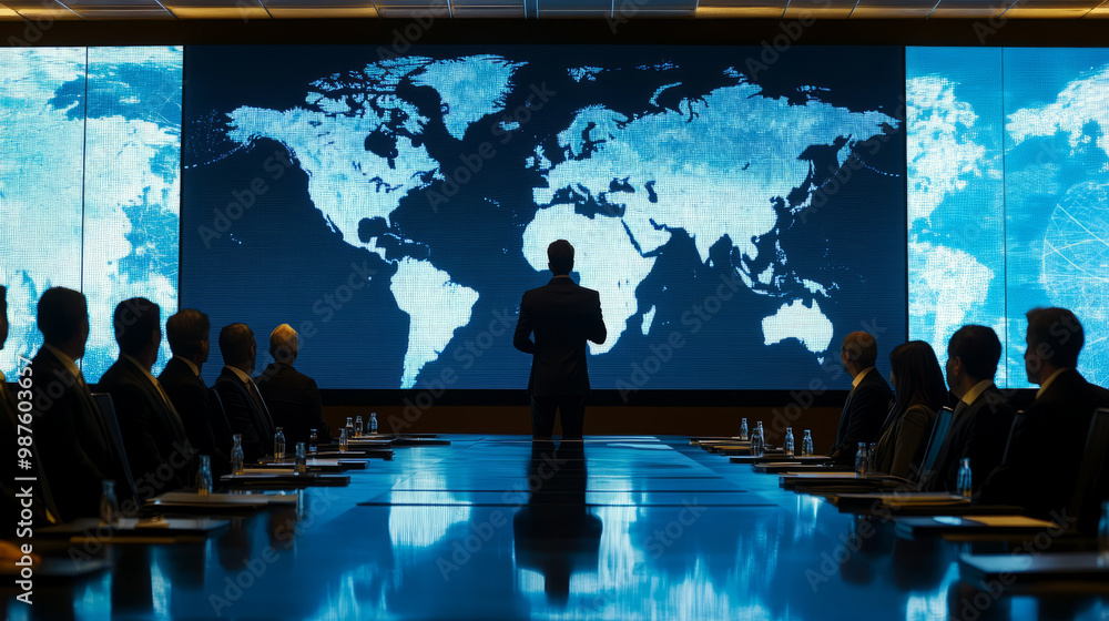 A business analyst giving a presentation on global market trends to a boardroom of executives A business analyst giving a presentation on global market trends to a boardroom of executives