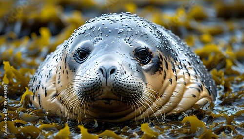 Southern elephant seal resting among vibrant seaweeds in a tranquil marine setting