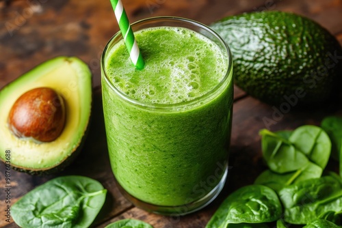 Refreshing green smoothie made with avocado, spinach, and served in a glass with a straw, perfect for a healthy lifestyle. photo