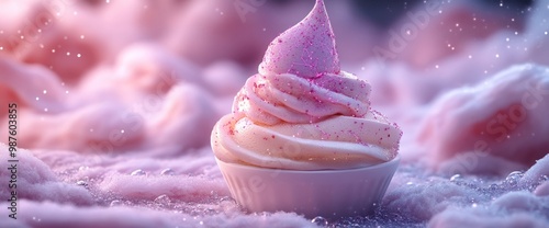 A delightful dessert of swirled ice cream topped with pink sprinkles on a fluffy background.