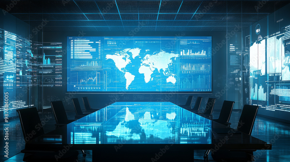 A business conference room with charts and graphs showing trends in international trade and market growth A business conference room with charts and graphs showing trends in international trade and market growth