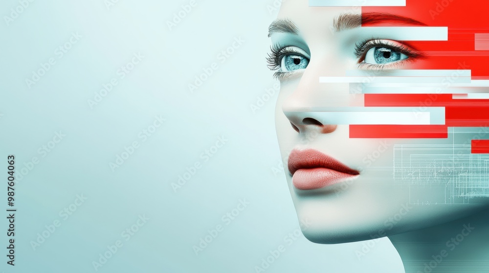 A woman's face with a red and blue pattern on it, AI A woman's face with a red and blue pattern on it, AI