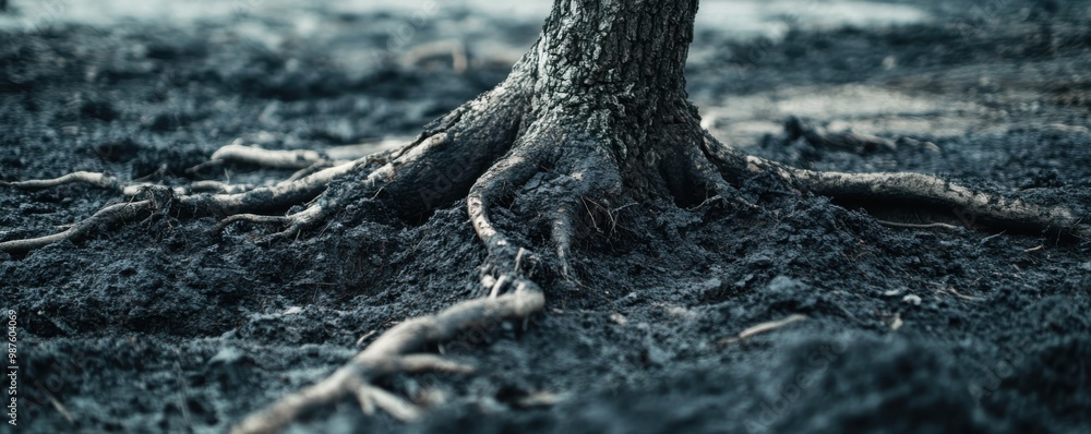 Fototapeta premium Close-up of a dying tree with exposed roots depicting nature's struggle and resilience in a barren landscape