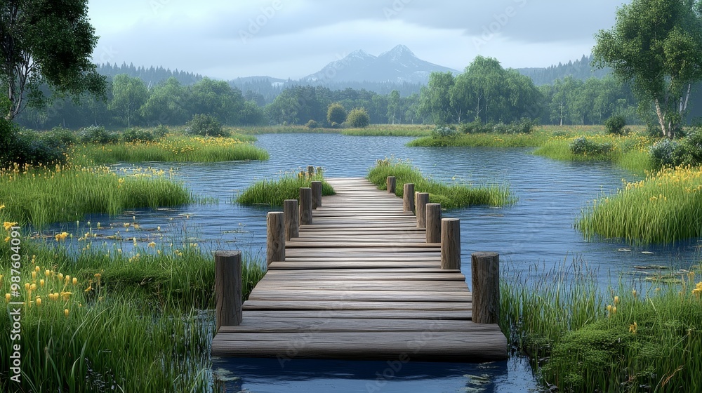 A serene landscape featuring a wooden dock extending over a calm lake surrounded by vibrant greenery and distant mountains. A serene landscape featuring a wooden dock extending over a calm lake surrounded by vibrant greenery and distant mountains.