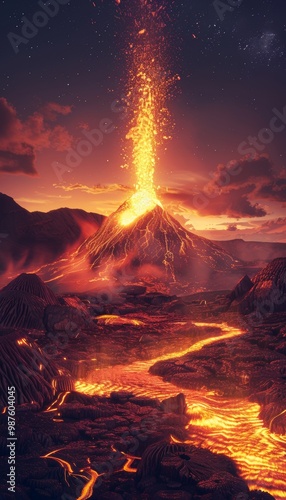 Breathtaking nighttime volcanic eruption with lava fountains and glowing rivers under starry sky