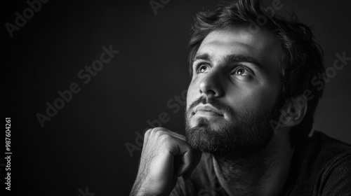 Black and white portrait of a young man in a thoughtful pose.