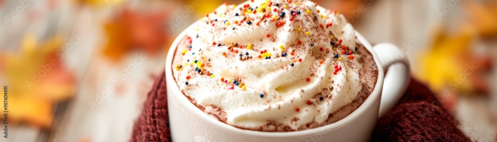 Fototapeta premium A cozy autumn scene featuring a cup of hot cocoa topped with whipped cream and colorful sprinkles, perfect for seasonal promotions, cafes, or warm beverage advertisements,
