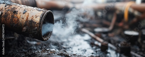 Close-up of a leaking gas pipe with visible gas emission creating a sense of industrial hazard and safety concern in a rustic environment