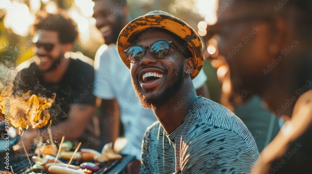 Black young men laughing and enjoying a barbecue with friends. Black young men laughing and enjoying a barbecue with friends.