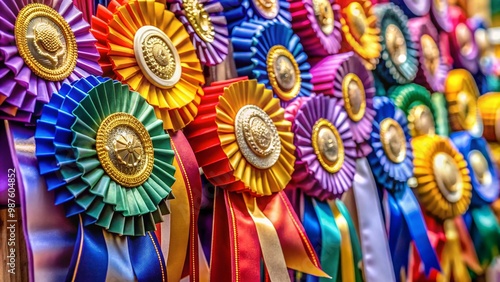 Colorful dog show ribbons displayed proudly for winning canines at a competitive event celebration