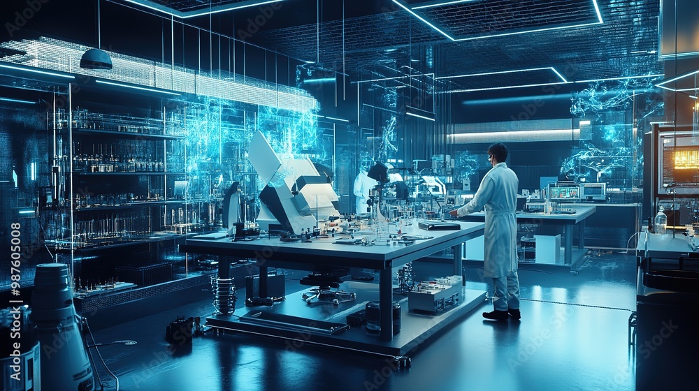 Scientists conducting experiments in a modern laboratory featuring advanced technology and blue lighting Scientists conducting experiments in a modern laboratory featuring advanced technology and blue lighting