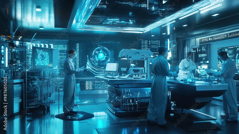 Scientists conducting experiments in a modern laboratory featuring advanced technology and blue lighting Scientists conducting experiments in a modern laboratory featuring advanced technology and blue lighting