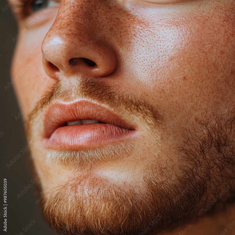 Obraz premium Close-up of a man's face showing detailed skin texture, freckles, and beard, ideal for skincare or grooming advertisements,