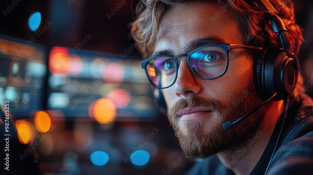 Concentrated Gamer with Glasses and Headphones in Front of Computer Screen Concentrated Gamer with Glasses and Headphones in Front of Computer Screen