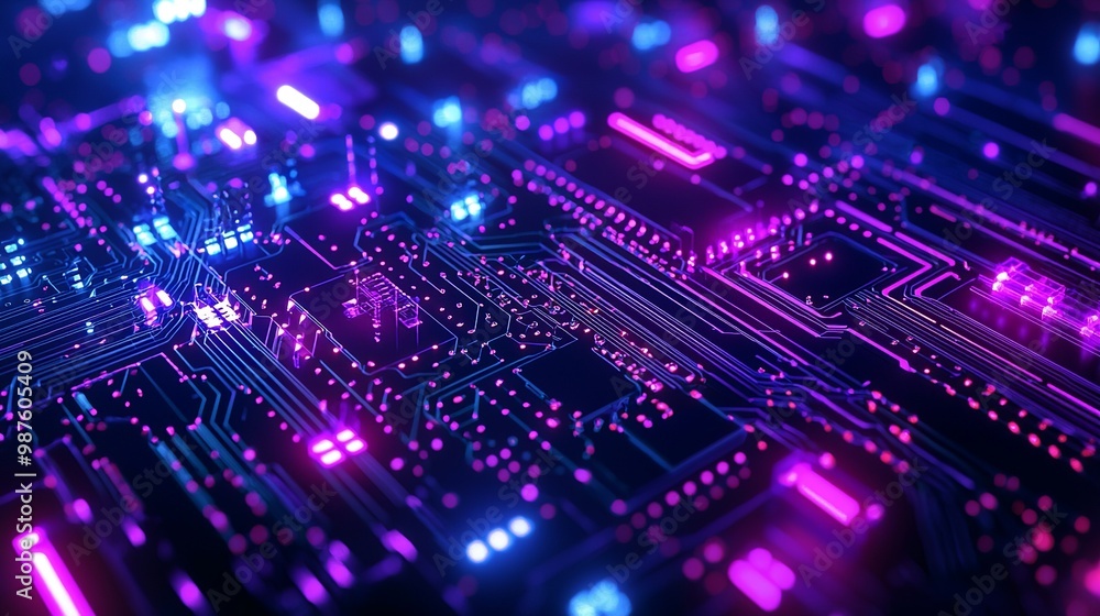 Blue and purple technology circuit board background with glowing electronic... Blue and purple technology circuit board background with glowing electronic...