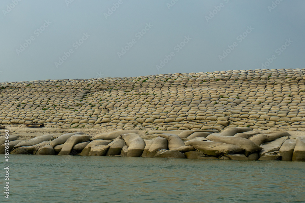 geobags sandbags to protect the riverbank from erosion and flooding, Bangladesh, Padma River.