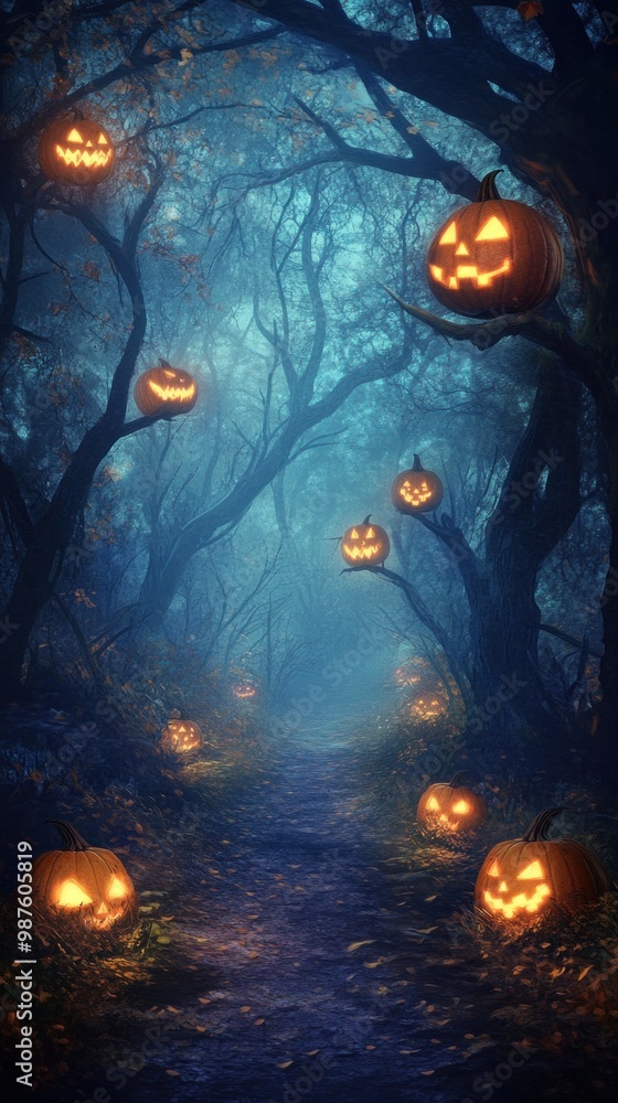 Narrow path through dark forest with glowing jack-o'-lanterns, spooky atmospheric tone. Narrow path through dark forest with glowing jack-o'-lanterns, spooky atmospheric tone.