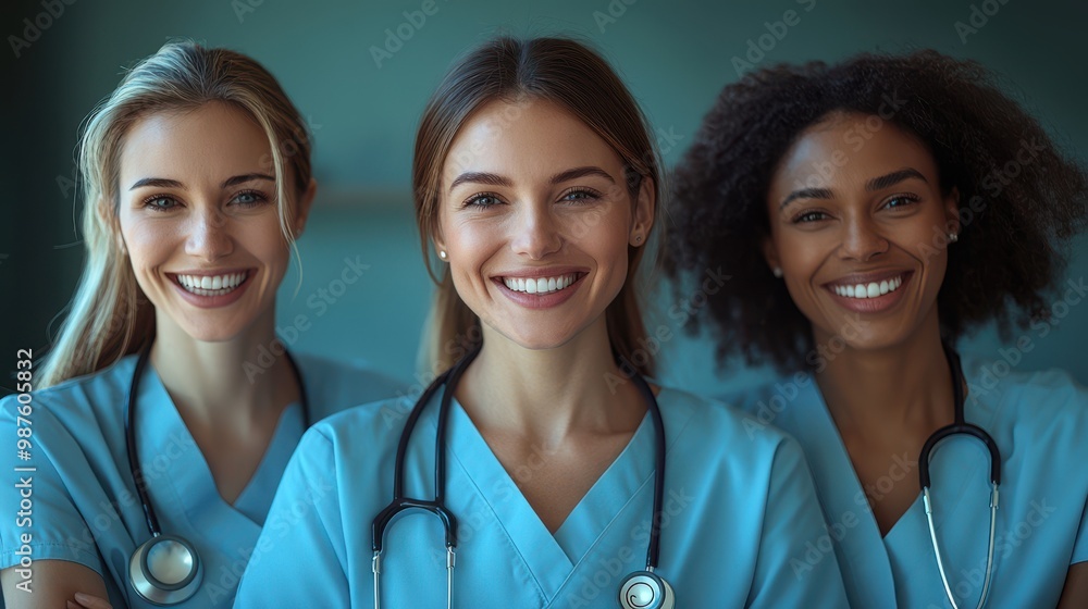 Diverse Group of Smiling Female Doctors in Scrubs Diverse Group of Smiling Female Doctors in Scrubs