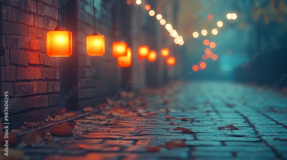 A serene cobblestone alleyway adorned with glowing lanterns and fallen autumn leaves on a misty evening, perfect for use in travel, autumn, or evening ambience projects, A serene cobblestone alleyway adorned with glowing lanterns and fallen autumn leaves on a misty evening, perfect for use in travel, autumn, or evening ambience projects,