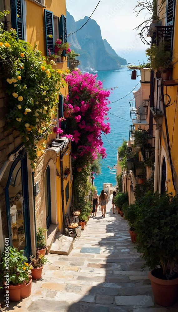 Fototapeta premium Narrow streets of a charming holiday town, lined with colorful buildings and vibrant flowers, inviting visitors to explore