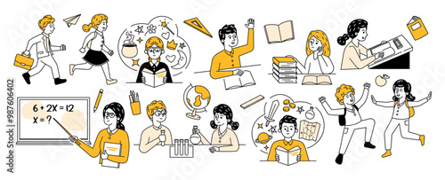 Playful Vector Illustration Featuring Diverse Doodle Characters Engaged In Various Back To School Activities